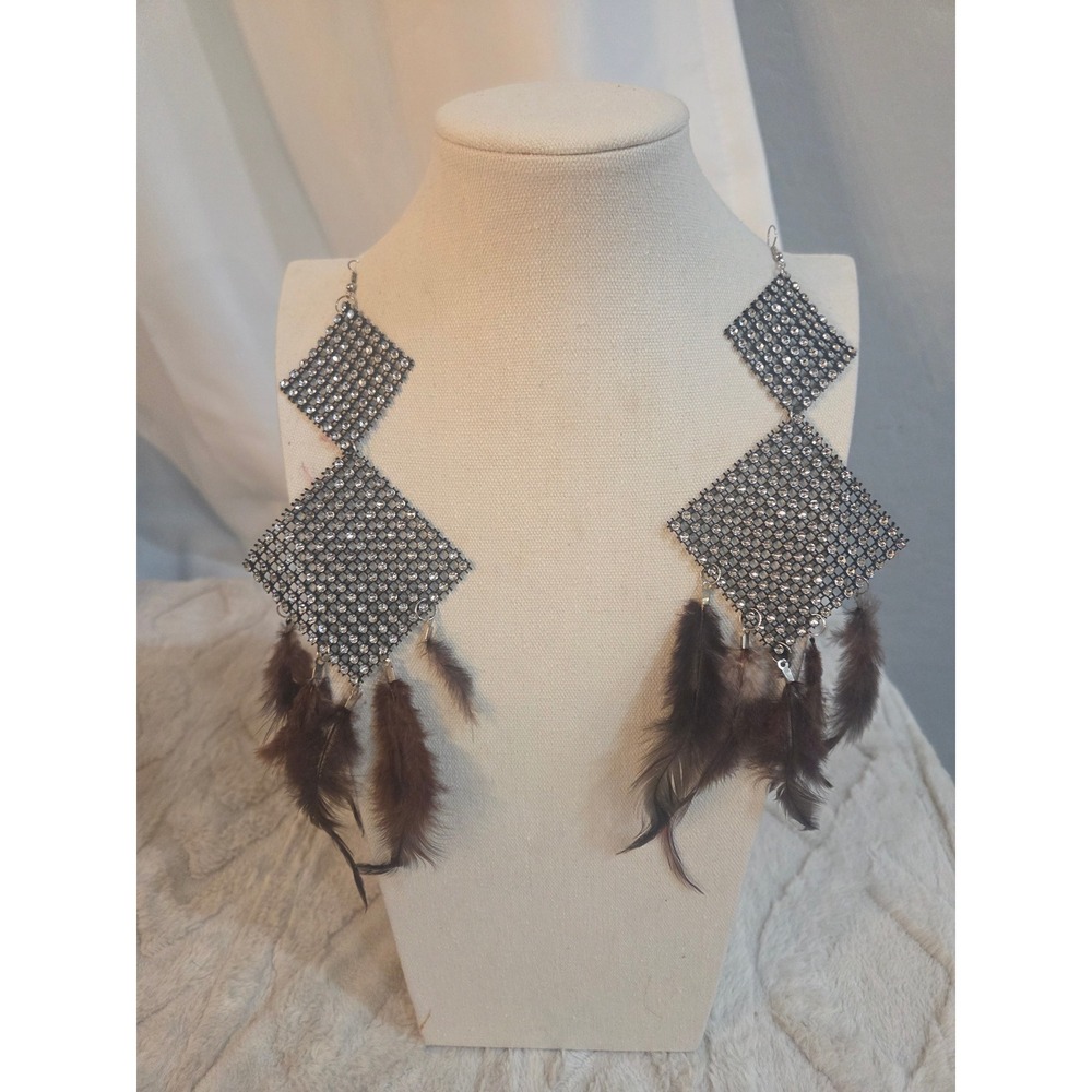 Gunmetal Rhinestone Mesh Double Diamond Feather Drop Statement Earrings Brown